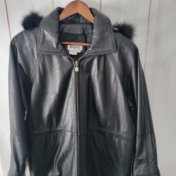 Blushe By Spiegel Classic Vintage Black Leather Jacket w/ Removable Fur Trim EUC - Picture 2 of 11